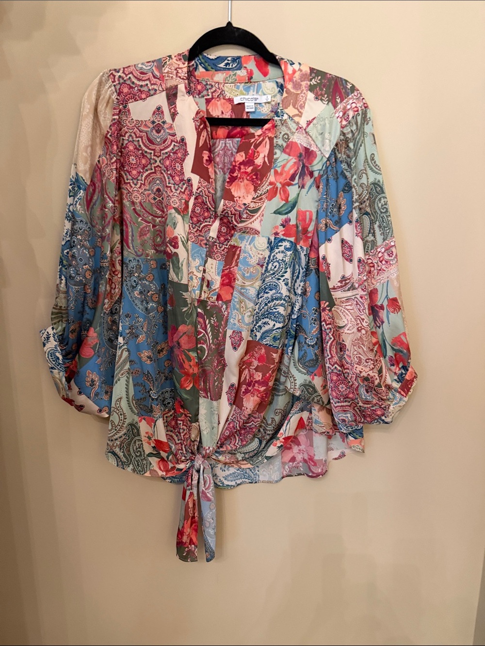 Chico's Patchwork Floral Paisley Tie-Front Blouse — Blue, Pink, Green